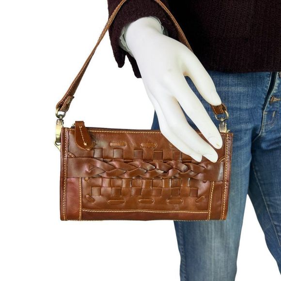 Jesslyn Blake Brown Cognac Eco Leather Wristlet Clutch Basket Weave - Picture 7 of 10